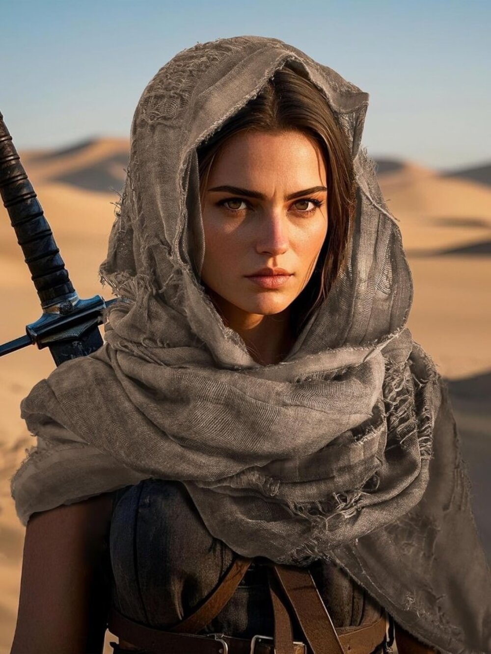 New~Dune Wasteland Hooded Wrap Shawl With Viking Brooch~Cowl Scarf Medieval